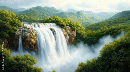A detailed illustration of a majestic waterfall cascading down a rocky cliff surrounded by lush green jungles, creating a beautiful natural landscape that showcases the wild beauty of nature.