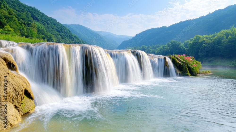 Fototapeta premium Located in a remote area, the waterfall in Luoping, China cascades down a series of jagged rocks, creating a mesmerizing display of force and beauty