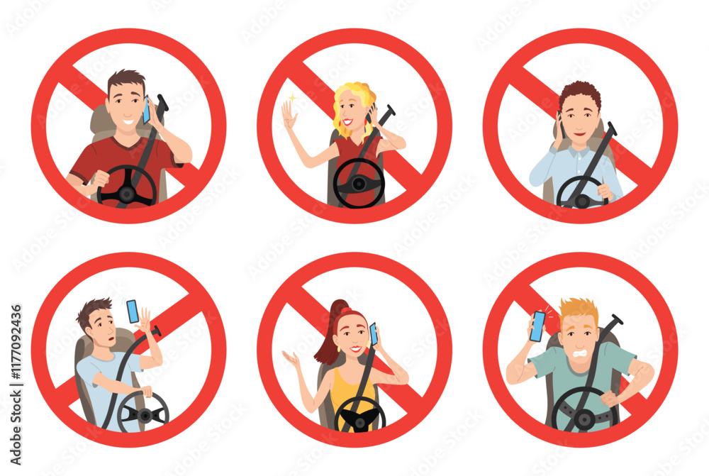 Phone while driving. Safety driving rules. Do not use mobile. Man and woman talking on phone or using smartphone. Vector illustration