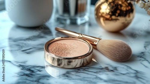 Stylish makeup setup with brushes and compact powder surrounded by greenery