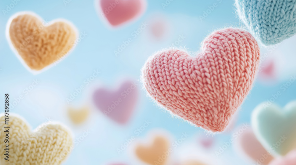 Obraz premium pastel knitted hearts floating on turquoise background for romantic and cozy decor