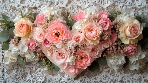 Floral heart arrangement showcasing roses and ranunculus on delicate lace fabric