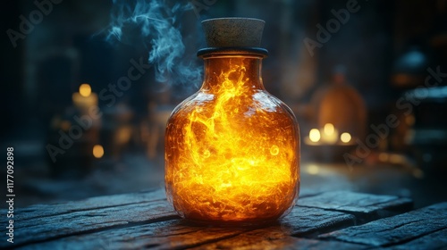 Glowing potion in a glass bottle surrounded by swirling smoke and luminous or...