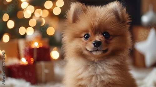 Cute fluffy pomeranian puppy sitting on soft white fur background in bright l...