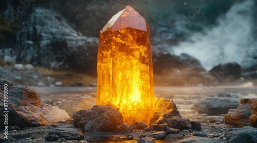 Stunning amber crystal glows in a dramatic mountain landscape during twilight...
