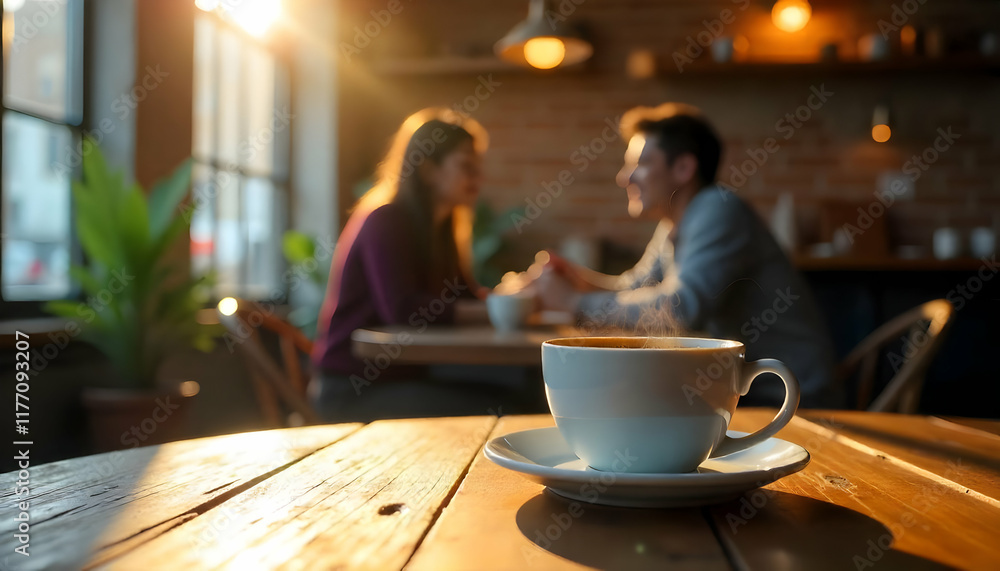Couples enjoying a cozy coffee date in a warm, sunlit cafe with wooden furnishings in the evening Couples enjoying a cozy coffee date in a warm, sunlit cafe with wooden furnishings in the evening