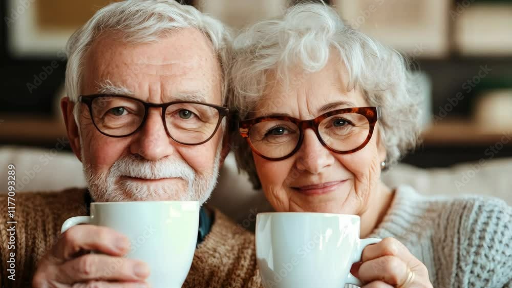 Cozy elderly couple with gray hair smiling warmly while enjoying intimate moments with warm beverages in their glasses, creating charming atmosphere together. Cozy elderly couple with gray hair smiling warmly while enjoying intimate moments with warm beverages in their glasses, creating charming atmosphere together.