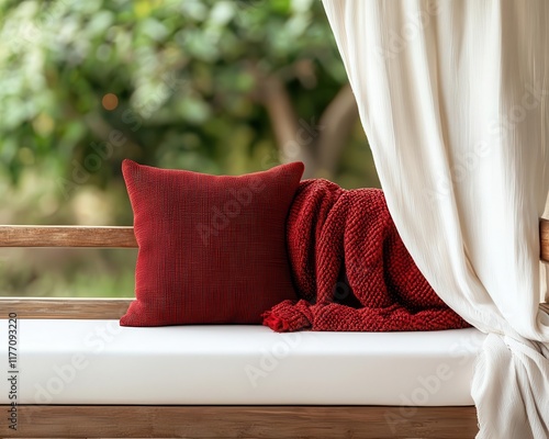 Valentineinspired outdoor seating with canopy draped in red and white fabric, romantic and cozy photo