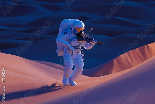 An astronaut playing a violin, blending science and art. photo