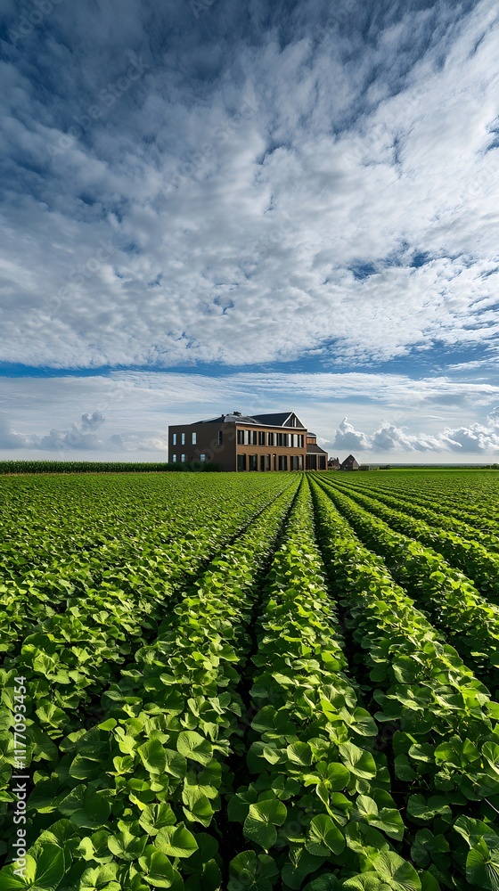 Obraz premium A wide field of soybeans with their green leaves reaching toward the sky, with a farmhouse in the distance