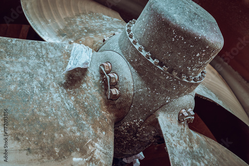 Canvas Print Close up of a ships variable pitch propeller in dry dock, covered in marine growth