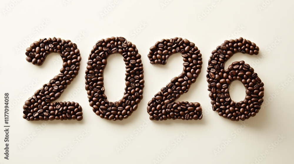 New Year 2026 Concept Flat Lay. Numbers 2026 From Roasted Coffee Beans On White Background. Food Art New Year 2026 Concept Flat Lay. Numbers 2026 From Roasted Coffee Beans On White Background. Food Art