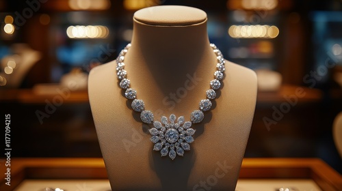 Elegant diamond necklace on display at a luxury jewelry store in the evening