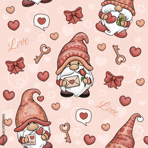 Foto Valentine seamless pattern with cute cartoon gnomes