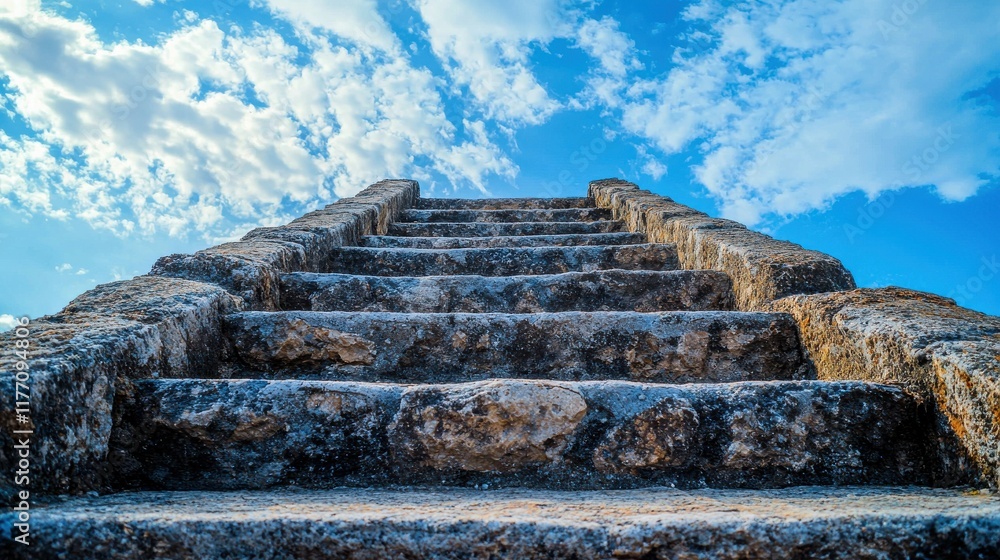 Smooth Stone Staircase Ascending Toward Bright Sky with Fluffy Clouds in Daylight Smooth Stone Staircase Ascending Toward Bright Sky with Fluffy Clouds in Daylight