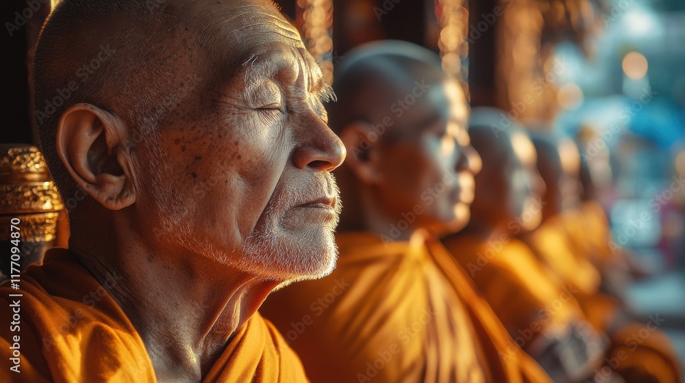Serenity in meditation as monks embrace tranquility at dawn in a sacred temple setting Serenity in meditation as monks embrace tranquility at dawn in a sacred temple setting