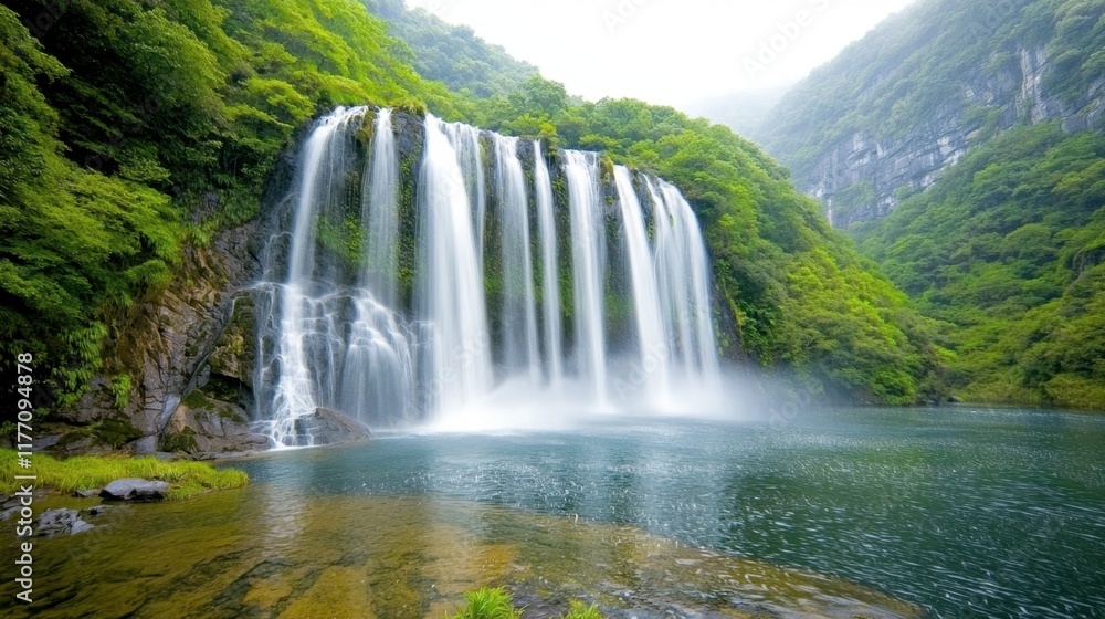 Obraz premium A stunning cascade of crystal clear water flows gracefully over layers of lush green vegetation, creating a mesmerizing spectacle of nature's beauty.
