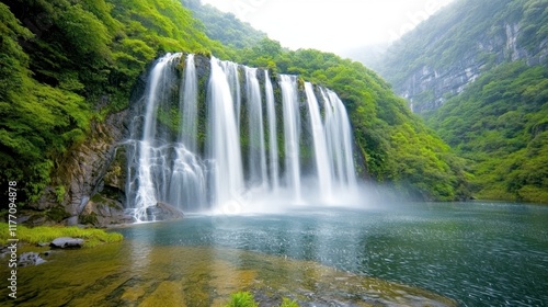 A stunning cascade of crystal clear water flows gracefully over layers of lush green vegetation, creating a mesmerizing spectacle of nature's beauty.