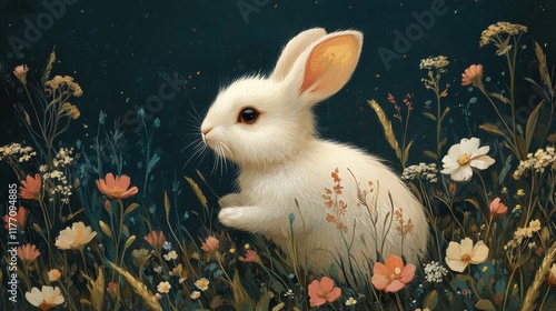White rabbit sitting among colorful flowers in a vibrant spring garden