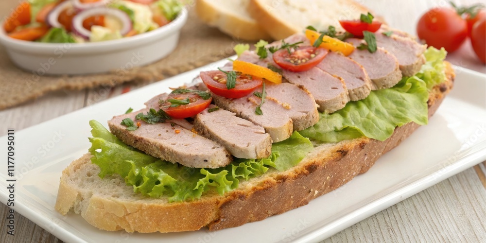 Delicious sliced meat sandwich on crusty bread with fresh lettuce and tomato garnish Delicious sliced meat sandwich on crusty bread with fresh lettuce and tomato garnish