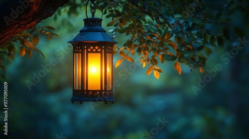 Warm lantern light hangs from tree branches in a tranquil evening garden