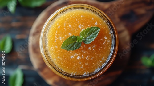 Homemade citrus jam in a glass jar with fresh mint leaves on rustic wooden board