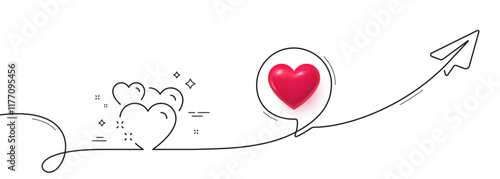 Heart line icon. Continuous line with share plane. Love emotion sign. Valentine day symbol. 3d heart in speech bubble. Heart single line ribbon. Loop curve pattern. Vector