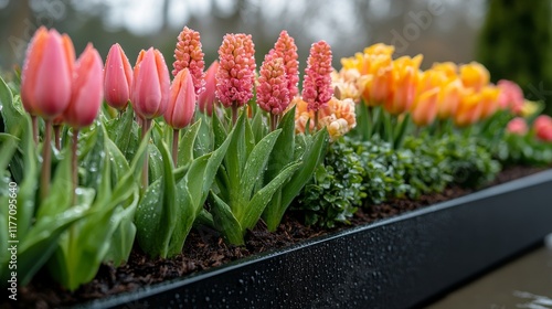 Colorful spring flowers bloom in a well-maintained garden flowerbed showcasin...