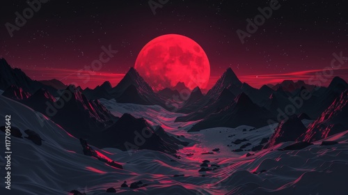 Glitch psychedelic cyberpunk red Moon. Retrofuturism wallpaper background. Technology landscape