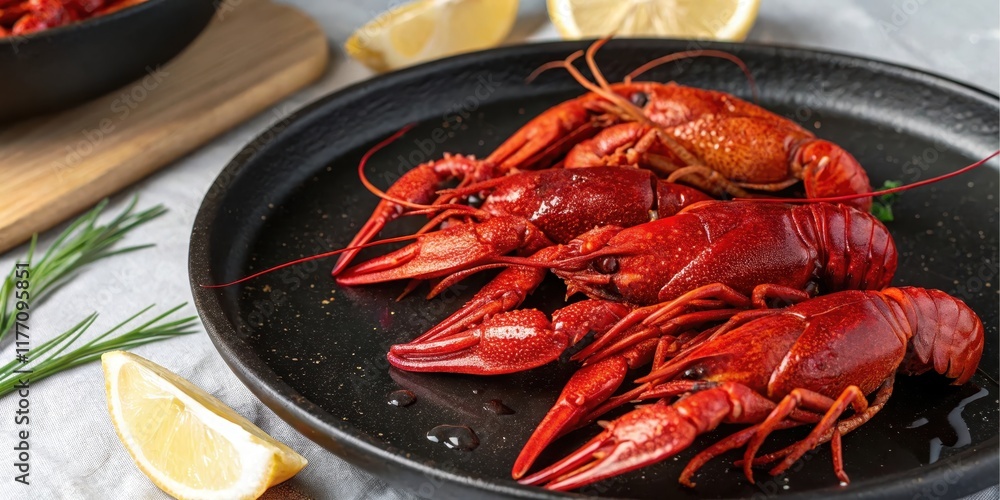 A plate of delicious, vibrant red crawfish seasoned to perfection, garnished with fresh lemon wedges and herbs A plate of delicious, vibrant red crawfish seasoned to perfection, garnished with fresh lemon wedges and herbs