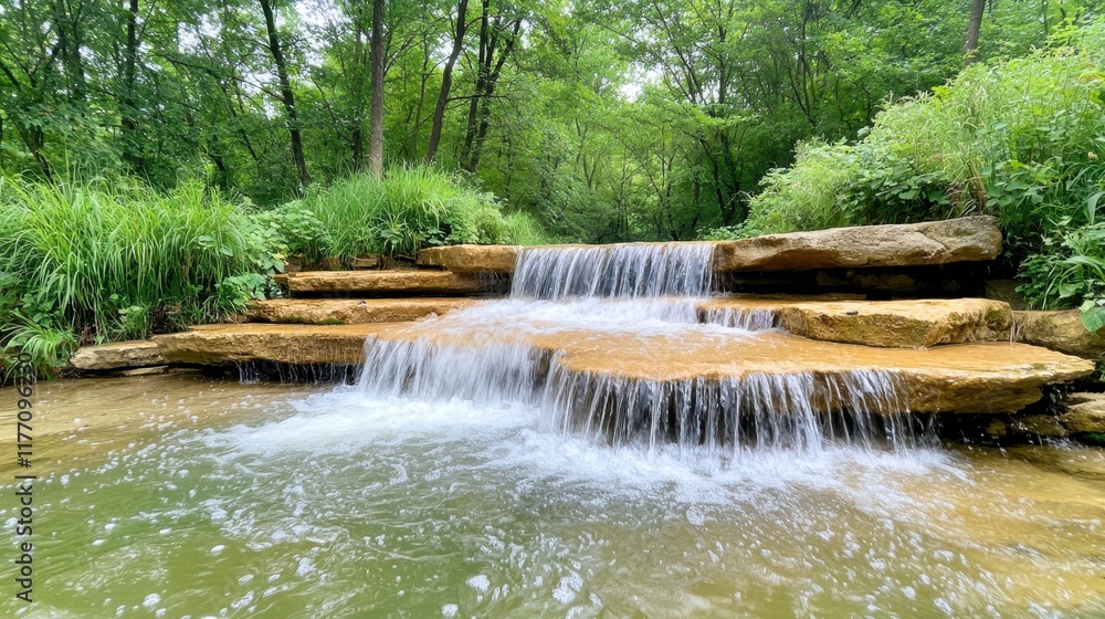 Naklejka premium The Cascade waterfall in the park features a series of stepped levels, creating a mesmerizing display of rushing water over rocks and lush greenery.