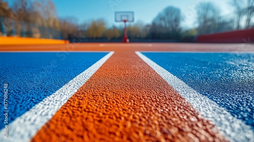 Vibrant autumn basketball court surrounded by colorful trees in serene park s...