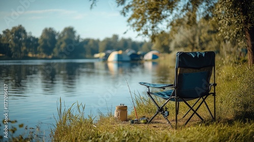 Serene lakeside fishing spot with chair and rod set against a beautiful lands...