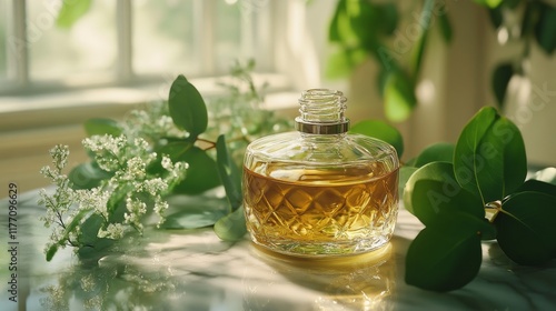 Natural essential oil bottle placed on green foliage during golden hour in a ...