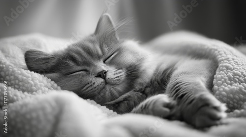Fluffy cat peacefully sleeping on cozy blanket in soft light setting