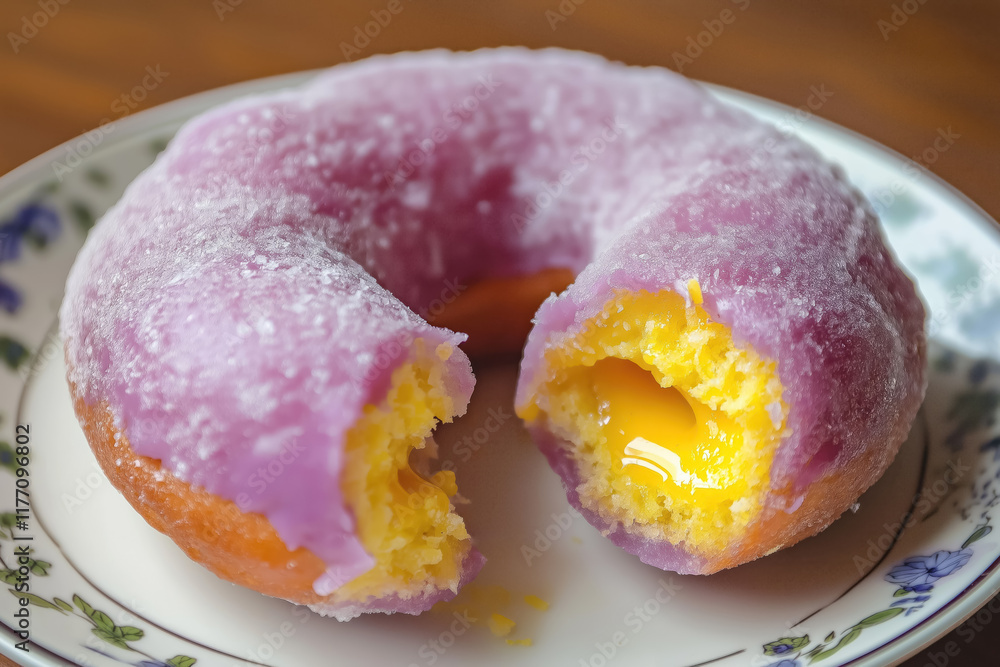 Obraz premium soft ube doughnut coated in a light sugar glaze, with its yellow center exposed from a bite dusted with sugar powder 