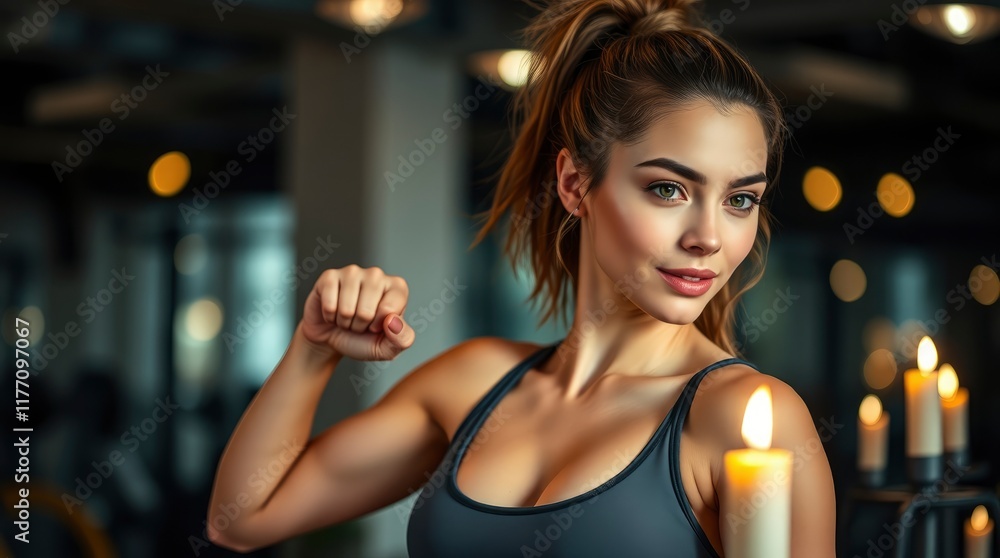 A young woman with charming features and fair skin, wearing activewear, powerfully works out in a gym; warm candlelight, flickering flames, warm glow, intimate setting A young woman with charming features and fair skin, wearing activewear, powerfully works out in a gym; warm candlelight, flickering flames, warm glow, intimate setting