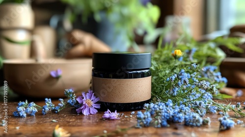 Natural skin care product with rose petals on textured background