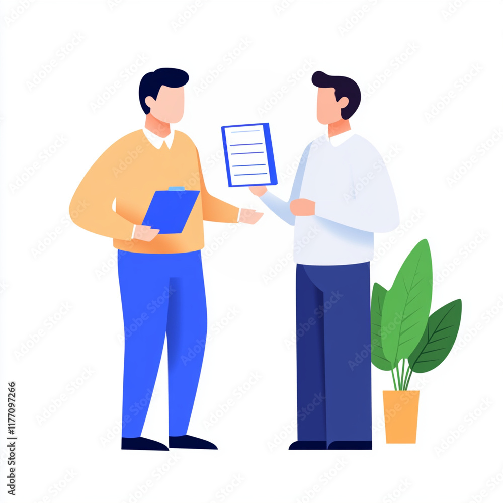 Two men discussing documents, one holding a clipboard and the other reviewing a sheet, with a potted plant nearby. Two men discussing documents, one holding a clipboard and the other reviewing a sheet, with a potted plant nearby.