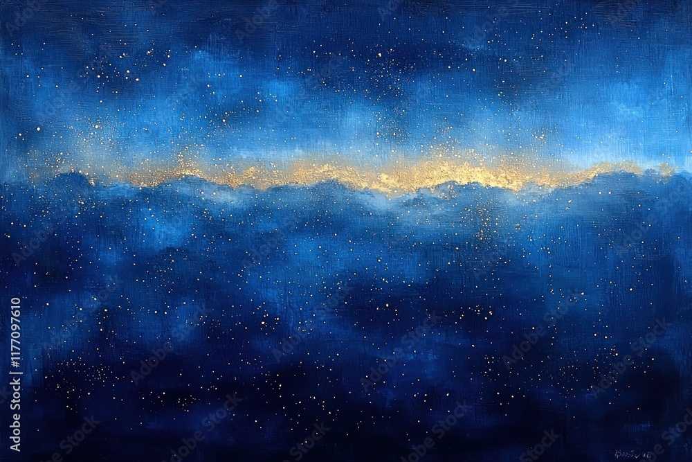 Obraz premium Golden light breaking through dark blue, starry night sky over misty mountain range, suitable for calming backgrounds