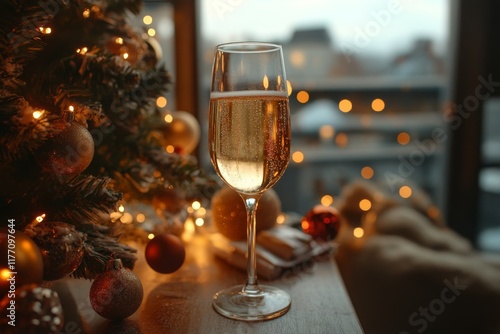 Festive champagne glass beside decorated Christmas tree with glowing lights d...