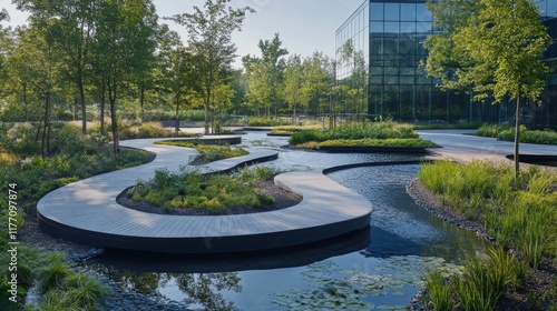Modern architectural design features tranquil landscape water features during...