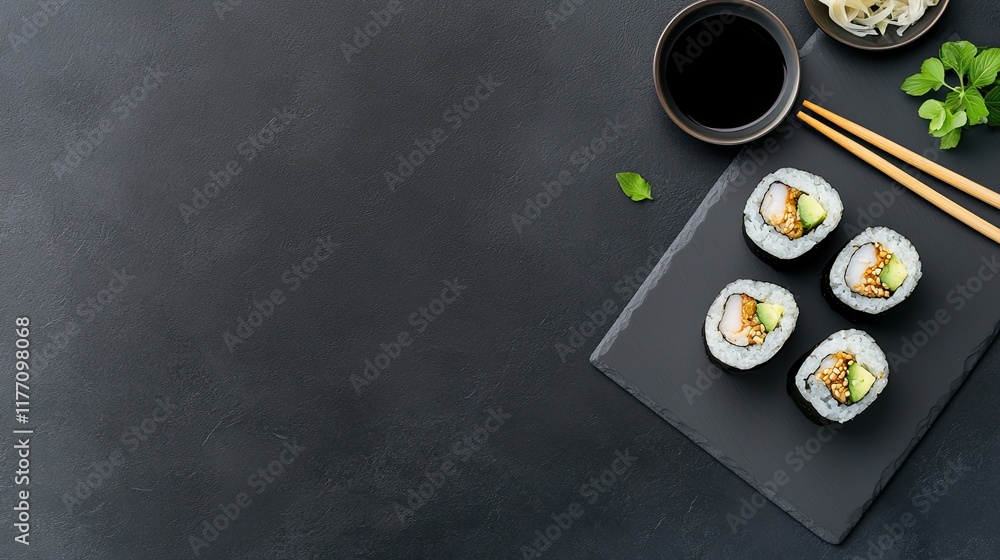 Obraz premium Savor the beauty of salmon nigiri served with soy sauce, chopsticks, and a dramatic black backdrop in this exquisite display