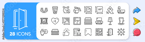 Deluxe mattress, Ice tea and Square area line icons. Interest rate, AI generate, Inflation icons. Pack of Table lamp, Coffeepot, Door icon. Floor plan, Coffee break, Sconce light pictogram. Vector