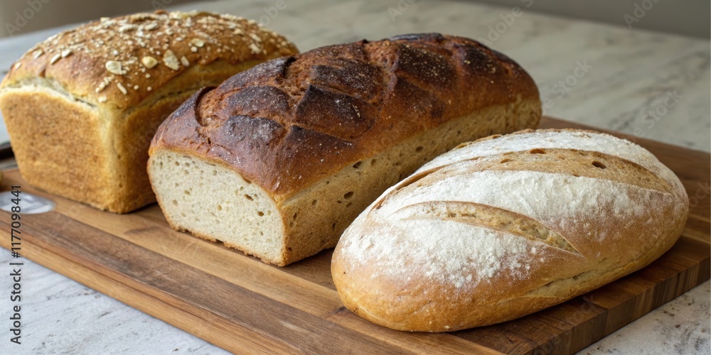 Artisan Bread Selection Three Delicious Loaves of Freshly Baked Bread on a Wooden Board Artisan Bread Selection Three Delicious Loaves of Freshly Baked Bread on a Wooden Board
