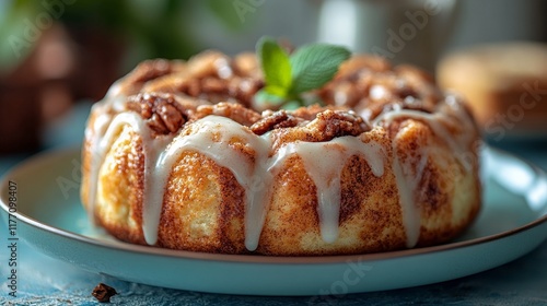 Homemade cinnamon roll cake topped with cream cheese icing and pecans on a ru...
