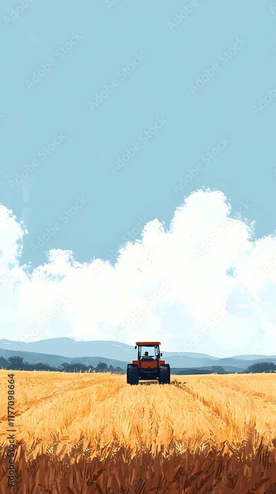 Obraz premium A farmer driving a tractor through a large wheat field under a bright, clear sky