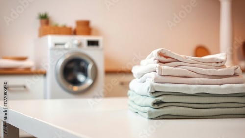 Stack of clean clothes lying on table in laundry room with washing machine