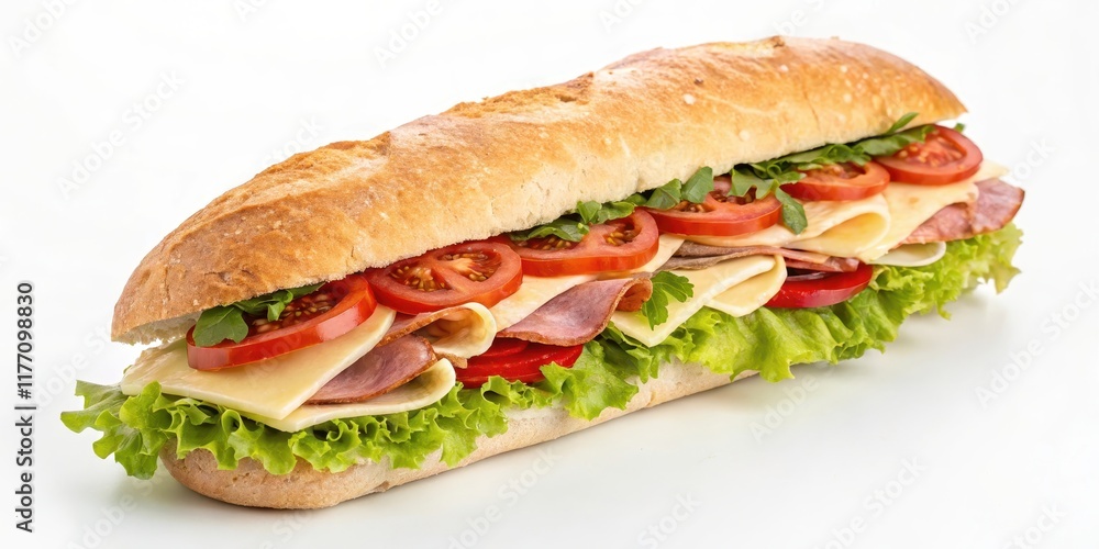 A Delicious Sub Sandwich with Layers of Ham, Cheese, Tomatoes, and Lettuce on a Crusty Roll A Delicious Sub Sandwich with Layers of Ham, Cheese, Tomatoes, and Lettuce on a Crusty Roll