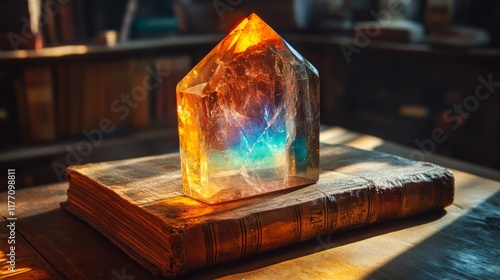 Colorful crystal resting on an old book in warm, natural light